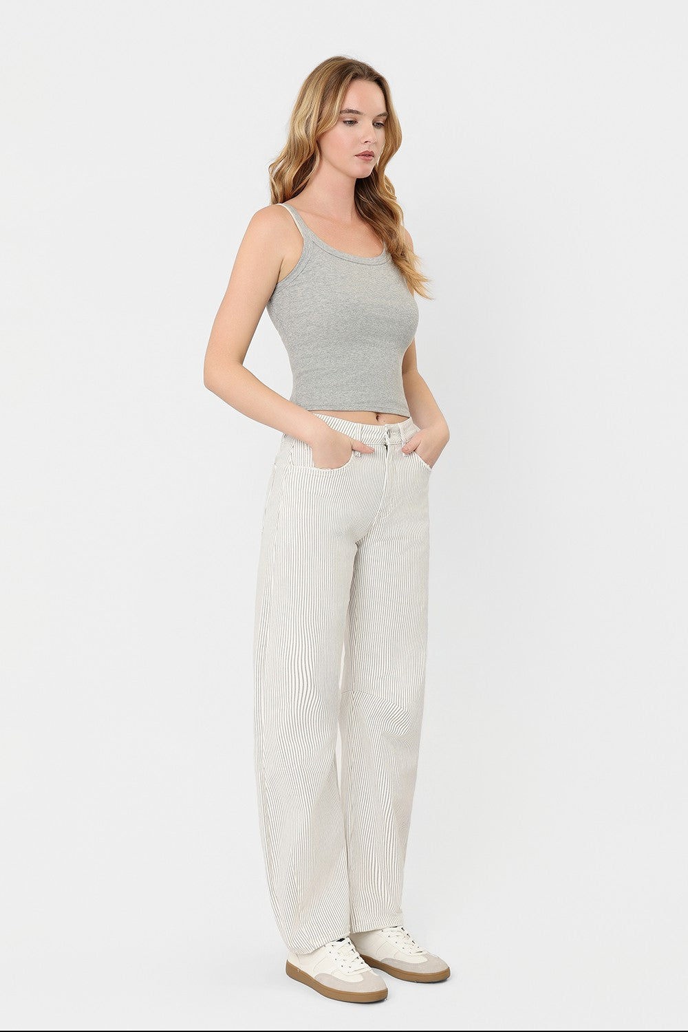 Vervet High Rise Dart Detail Striped Crop Barrel Jeans